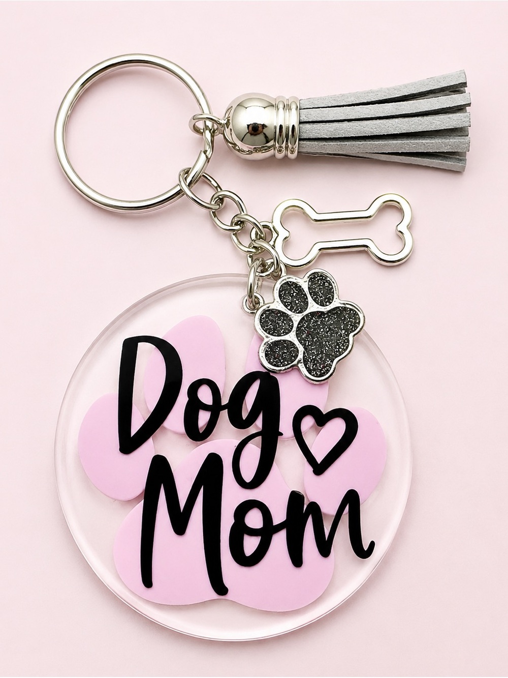 Dog Mom Keychain with Pink Paw Charm and Silver Tassel